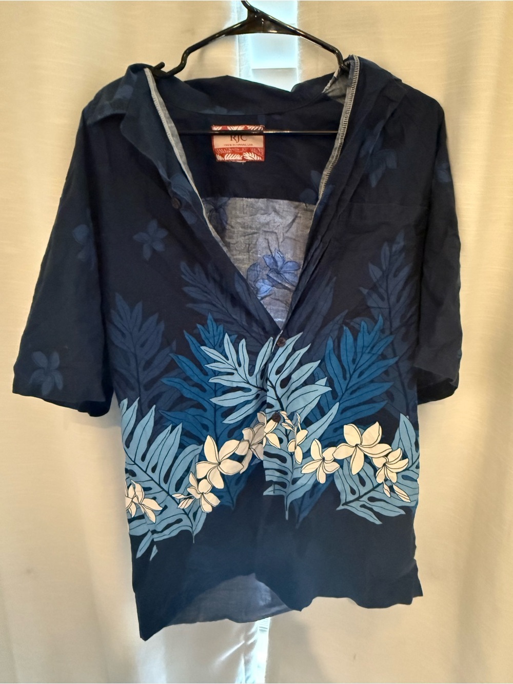 Men's Navy Blue Tropical Print Button-Down Shirt